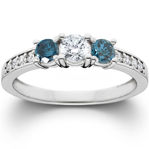 1ct Treated Blue Diamond 3 Stone Engagement Ring 14K White Gold