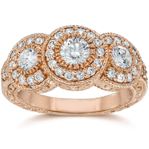 1 1/2 Ct Vintage Diamond 3 Stone Halo Engagement Ring Round Cut 14K Rose Gold