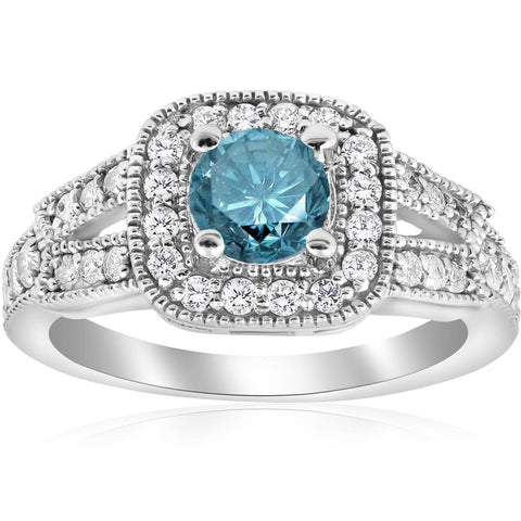 1 1/10ct Treated Blue Diamond Cushion Halo Engagement Ring 14 White Gold Vintage