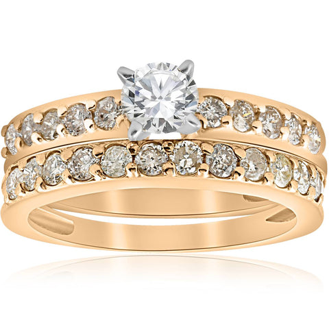 14k Yellow Gold 1 Carat Round Diamond Engagement Ring Matching Wedding Band Set