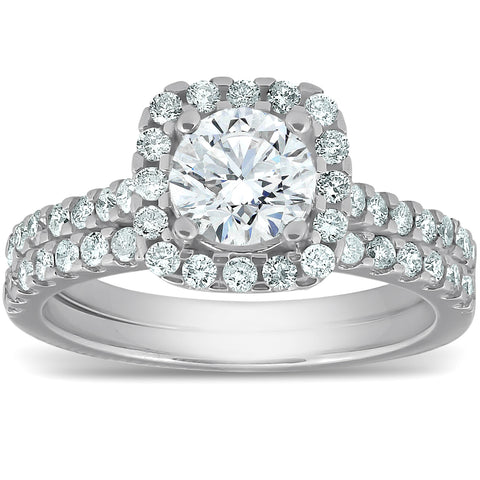 G/SI 2 ct Cushion Halo Diamond Engagement Ring Wedding Set White Gold Enhanced