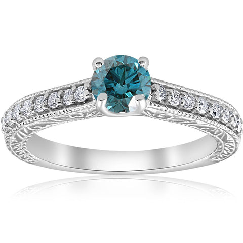3/4ct Blue & White Diamond Vintage Engagement Ring 14K White Gold