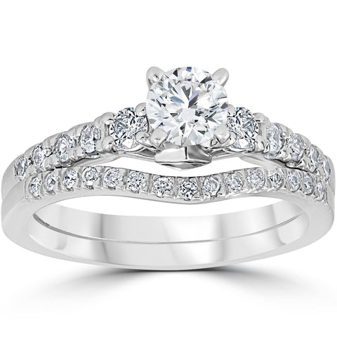 1 1/10ct Diamond & Blue Sapphire Engagement Ring Set 14k White Gold