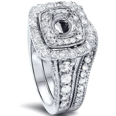 1 1/6ct Double Cushion Halo Diamond Engagement Ring Mount Set 14K White Gold