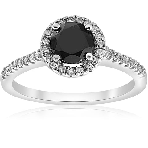 1 1/3 ct Black & White Halo Diamond Engagement Ring 14k White Gold