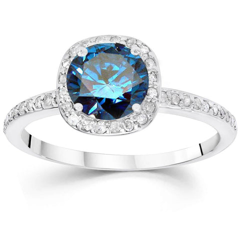 1 1/6ct Blue Diamond Cushion Halo Engagement Ring 14K White Gold