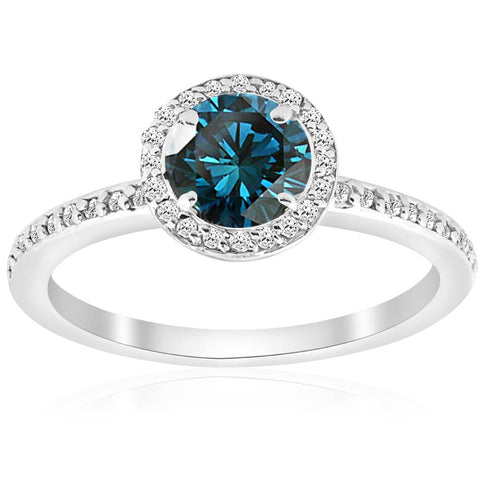 3/4ct Treated Blue Diamond Halo Engagement Ring 14K White Gold Vintage Solitaire