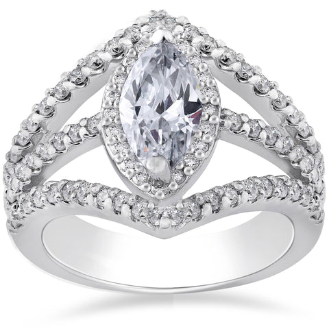 Marquise Diamond Engagement Ring 2.00ct Halo Unique 14K White Gold Enhanced