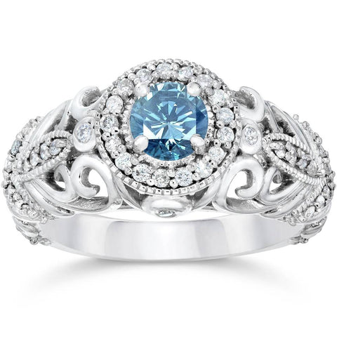 3/4ct Blue & White Diamond Vintage Halo Engagement Ring 14K White Gold