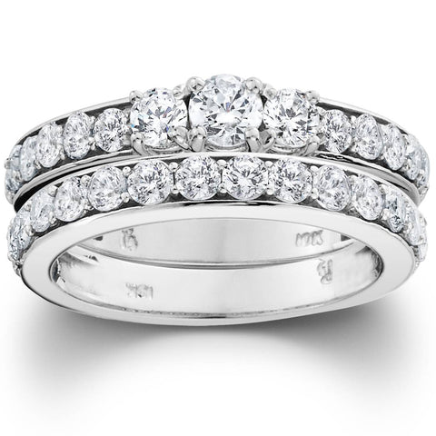 2 Carat 3-Stone Diamond Engagement Wedding Solitaire Ring Set 10K White Gold