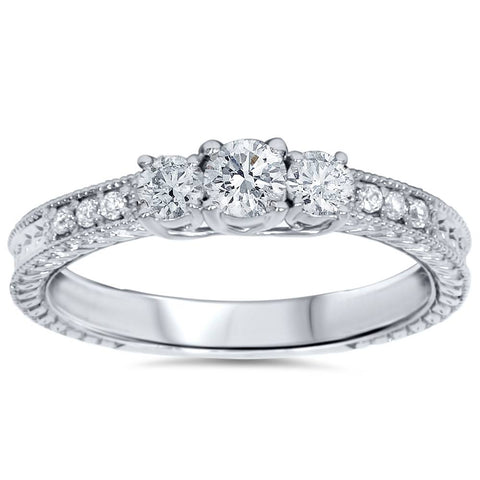 1 1/4ct Vintage Three Stone Diamond Engagement Ring Solid 14K White Gold