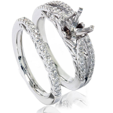 3/4ct Vintage Diamond Engagement Ring Bridal Set Solid14K White Gold