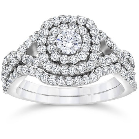 1 1/10Ct TW Cushion Diamond Halo Engagement Matching Wedding Ring Set White Gold