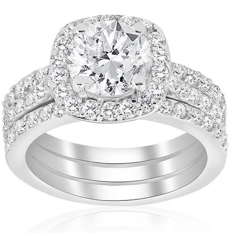 2 3/4ct Cushion Halo Diamond Engagement Wedding Ring Set 14k White Gold Enhanced