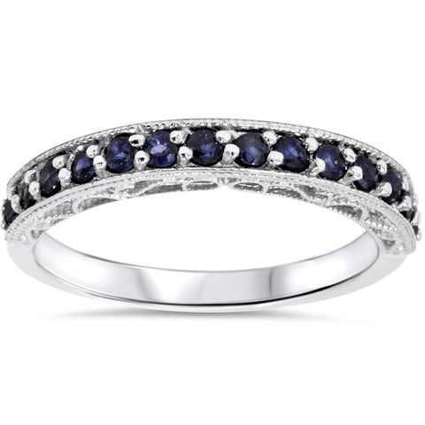 3/8ct Blue Sapphire Vintage Wedding Ring 14K White Gold