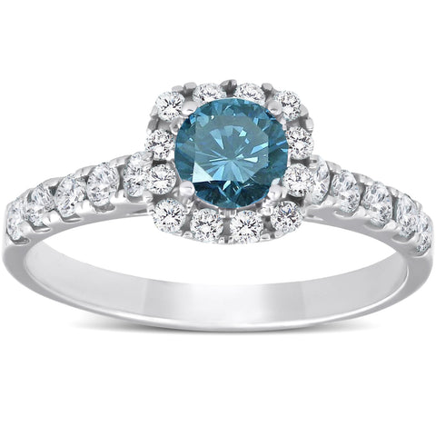 1 Ct Blue Diamond Cushion Halo Engagement Ring 14k White Gold