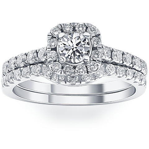 VS 3/4Ct Cushion Halo Diamond Engagement Wedding Ring Set White Gold Lab Grown