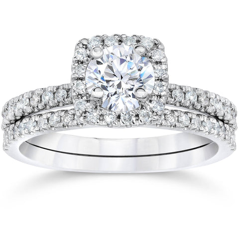 1 ct Diamond Cushion Halo Engagement Wedding Ring Set 10k White Gold
