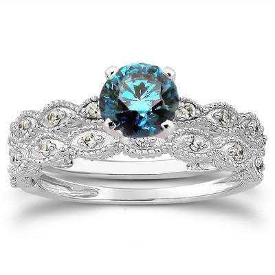 1/2ct Vintage Treated Blue & White Diamond Engagement Ring Set 14K White Gold
