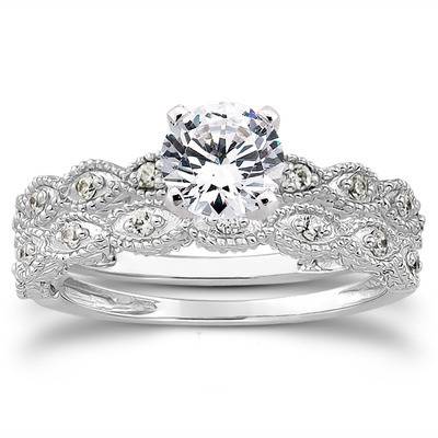 5/8ct Vintage Diamond Engagement Ring Set 14K White Gold
