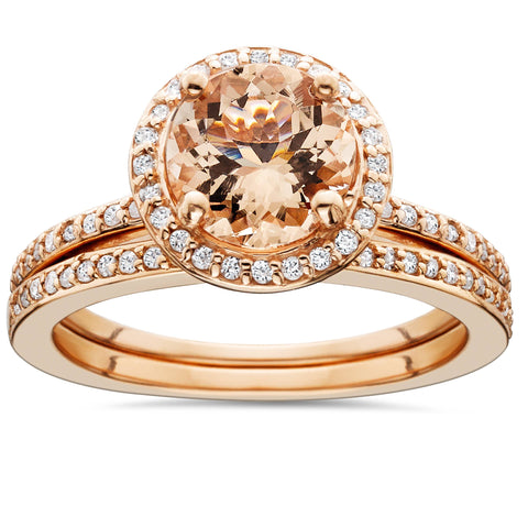1 3/4 Carat Morganite & Diamond Halo Engagement Wedding Ring Set 14K Rose Gold