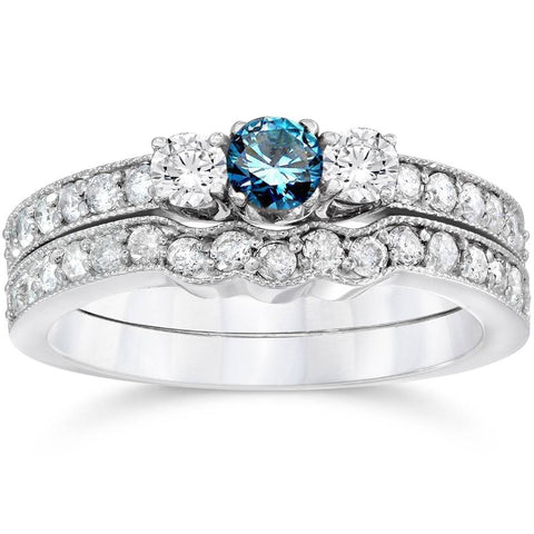 3/4ct Round Blue Diamond 3-Stone Engagement Ring Wedding Set 10K White Gold