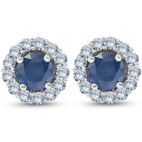 2 1/5 Ct Halo Diamond & Blue Sapphire Studs 14k White Gold