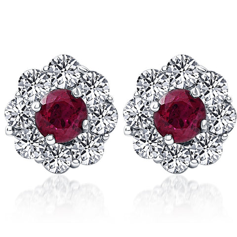2 1/2ct Genuine Round Ruby & Diamond Halo Womens Studs Earrings 14K White Gold