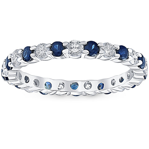 1 cttw Blue Sapphire Diamond Wedding Eternity Ring 14k White Gold