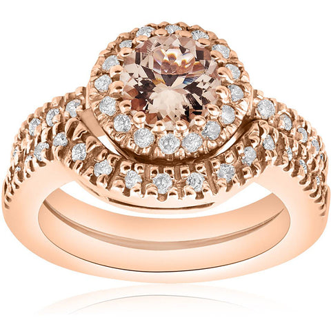 1 3/8 ct Morganite & Diamond Halo Engagement Ring Wedding Set 14K Rose Gold
