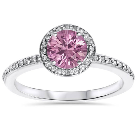 3/4ct Simulated Pink Sapphire & Genuine Diamond Halo Ring 14K White Gold
