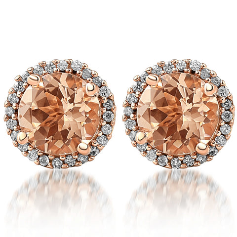 1 1/2 Ct Diamond & Morganite Rose Gold Halo Studs Screw Back Earrings Rose Gold