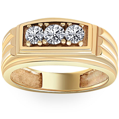 Mens 3/4CT Three Stone Diamond Wedding Anniversary Ring 14K Yellow Gold Jewelry