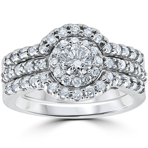 1 1/10Ct TW Diamond Halo Engagement Ring Wedding Band Set in 10k White Gold