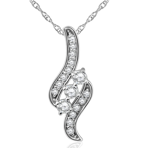 1/3ct 3-Stone Diamond Pendant 14 KT White Gold 18" Chain Womens Necklace