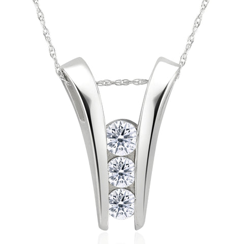 1/2Ct TW Round Cut Natural Diamond Three Stone Pendant 14k White Gold Necklace