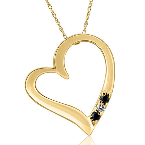 Diamond & Blue Sapphire Heart Pendant 3-Stone Yellow Gold with 18" Chain