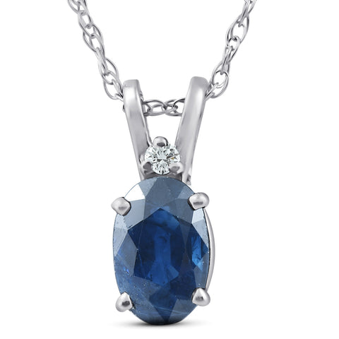 Diamond & Treated Oval Blue Sapphire Solitaire Pendant Solid14K White Gold & 18" Chain