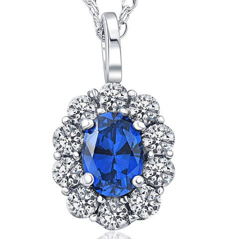 1 3/4ct Oval Blue Sapphire & Genuine Diamond Halo Pendant 14K White Gold