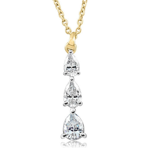 VS 1/2Ct Pear Shape Diamond Three Stone Pendant Yellow Gold Necklace Lab Grown