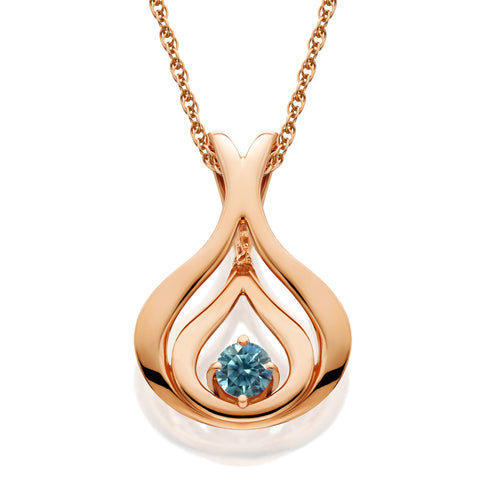 Blue Diamond Solitaire Pendant & Chain 14K Rose Gold 5/8" Tall Color Enhanced