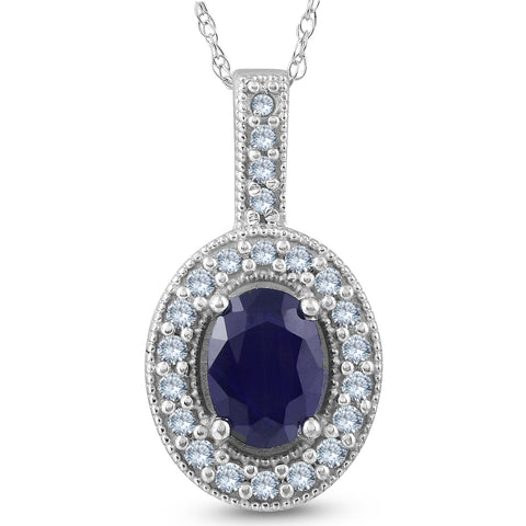 Oval Blue Sapphire Diamond Solitaire Pendant 14K White Gold
