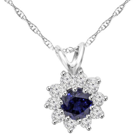 1ct Blue Sapphire & Genuine Diamond Solitaire Pendant 14K White Gold