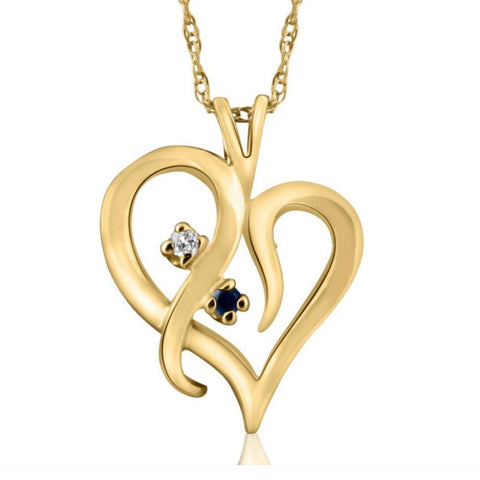 Blue Sapphire & Diamond Heart Pendant 14K Yellow Gold With 18" Chain