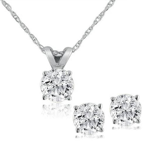 14K White Gold 1.00 Ct Diamond Pendant and Earring Set with 18" Chain