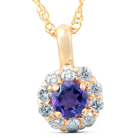 VS 1/2 Ct Diamond & Genuine Amethyst Halo Pendant 14k Yellow Gold Womens Necklace