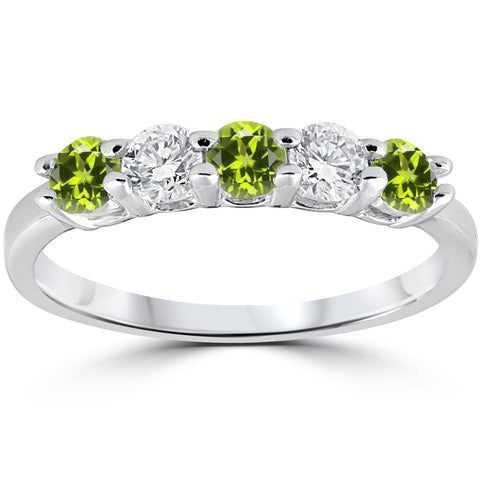 1/2 Ct Peridot & Diamond 5 Stone Wedding Anniversary Ring 14 Karat White Gold