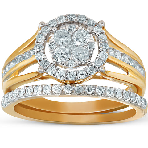 1 Ct Halo Diamond Engagement Wedding Ring Set Multi Row Wedding Band Yellow Gold