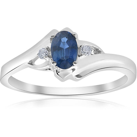 1/2ct Oval Blue Sapphire Diamond Ring 14K White Gold