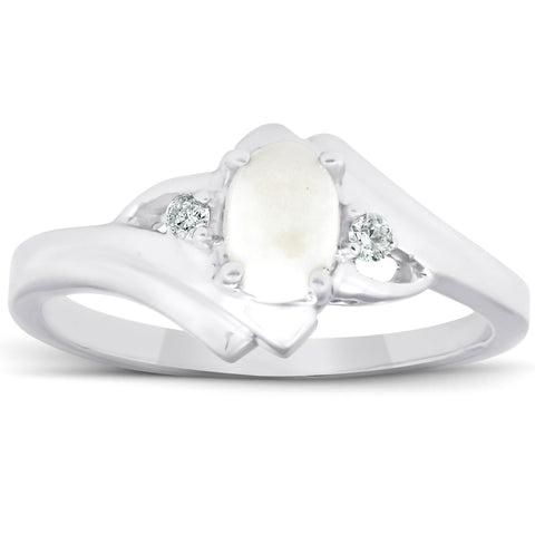 3/8ct Oval Opal Diamond Ring 14K White Gold